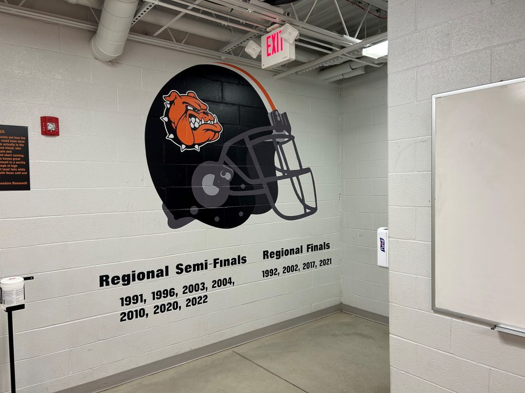Dalton High School requested graphics featuring a giant version of its football helmet, as well as wording showing which years the school had competed in the regional semi-finals and regional finals