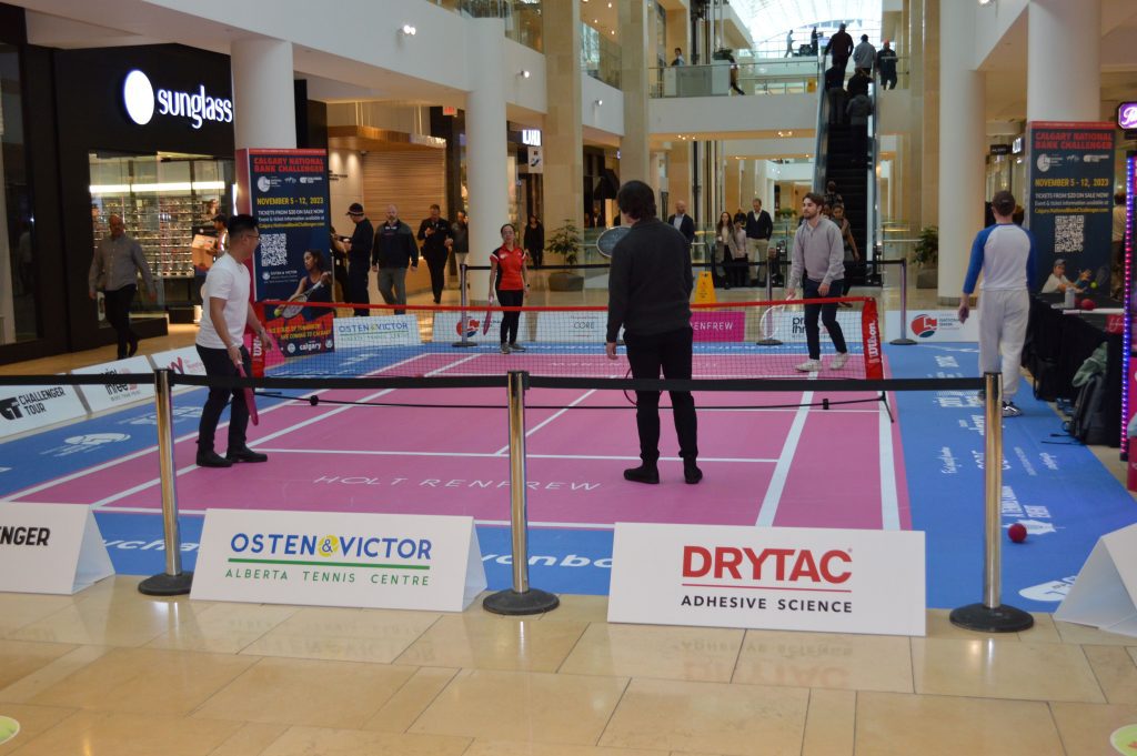 Print Three Calgary used Drytac SpotOn Floor 200 to produce a set of floor graphics mimicking a tennis court to promote the 2023 Calgary National Bank Challenger